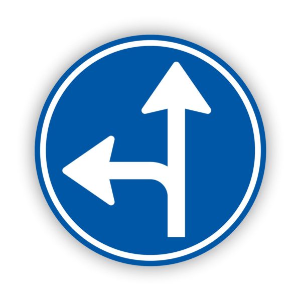 Vloersticker met pijl rechtdoor en linksaf rond blauw